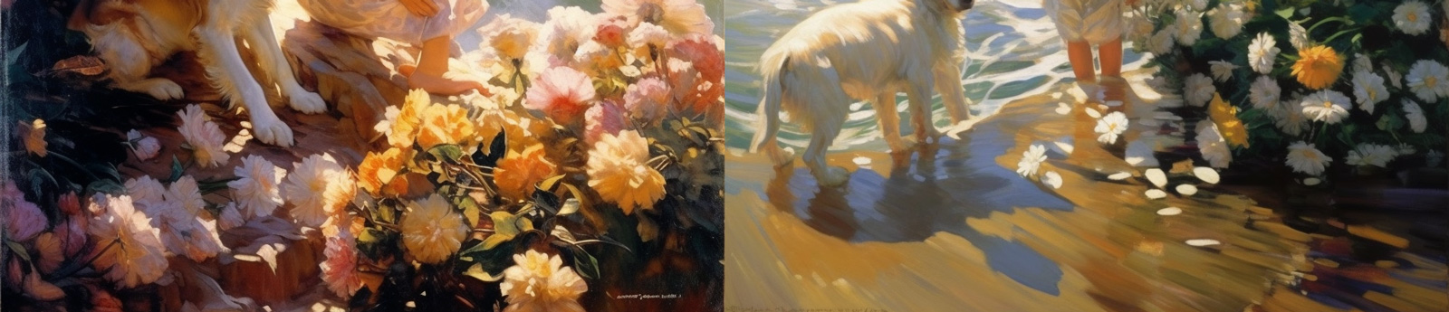 海边沙滩女孩和狗狗油画Midjourney咒语