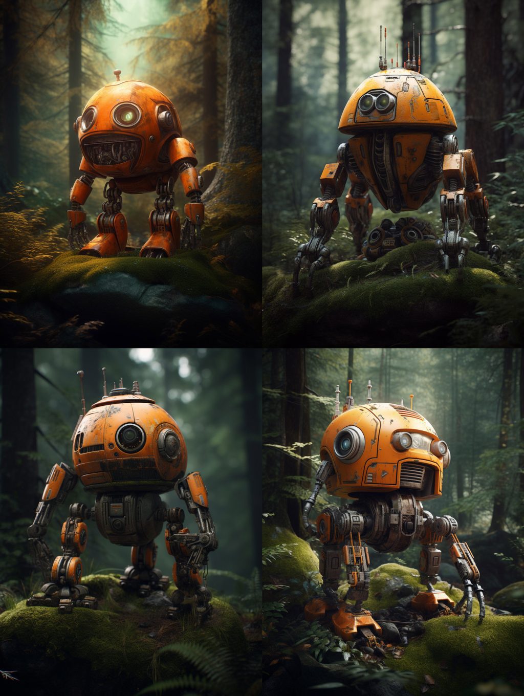 橙色机器人森林探险Midjourney咒语