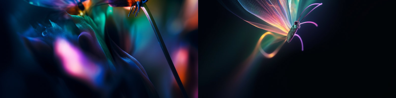 彩色荧光渐变彩色透明蝴蝶形态midjourney关键词