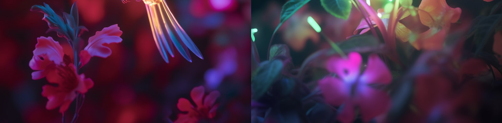 蜂鸟鲜花特写荧光midjourney关键词