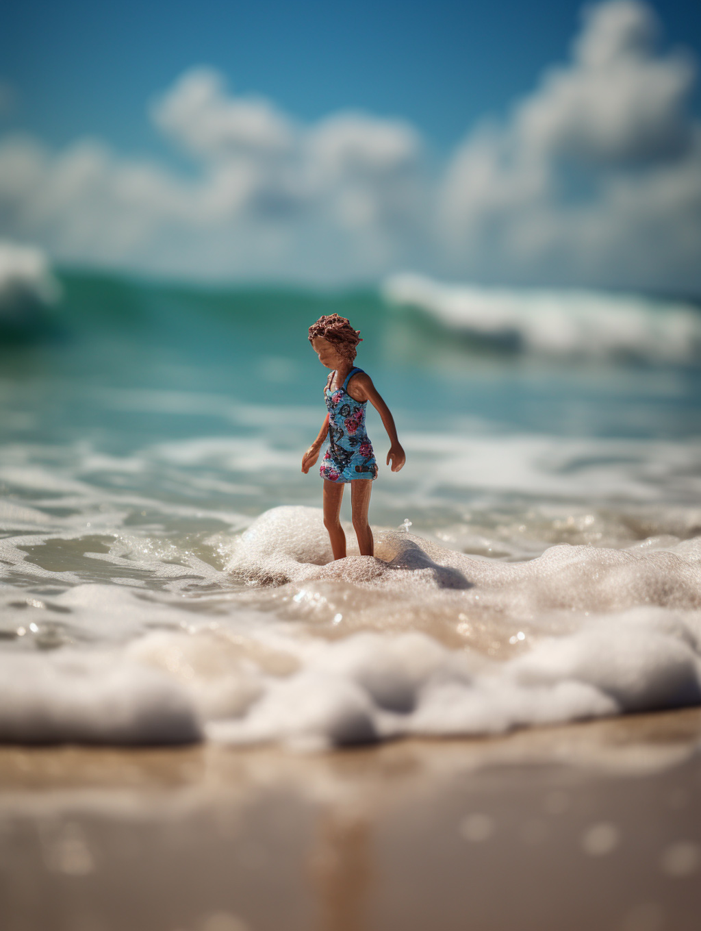 夏日沙滩海浪中的女孩Midjourney关键词