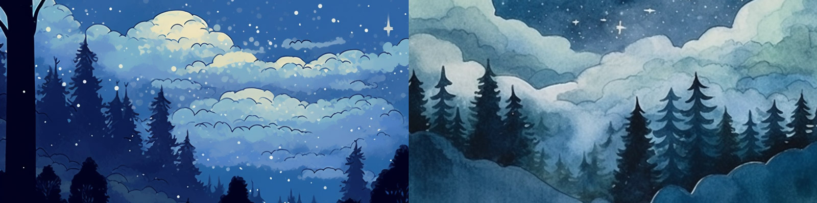 手绘月夜风景插图Midjourney关键词