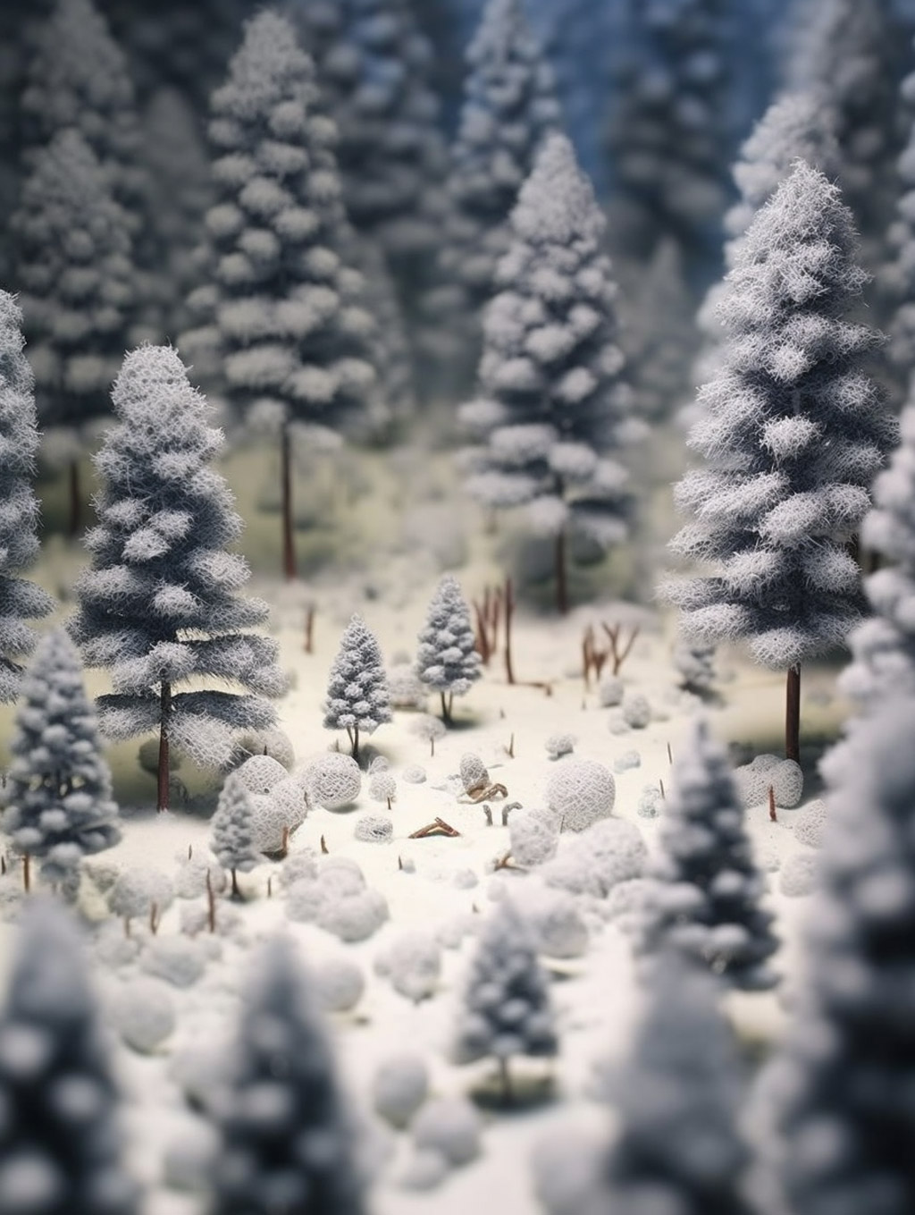 移轴摄影冬天白雪森林树木Midjourney关键词