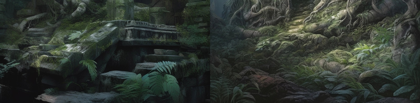 游戏场景古墓探险树林midjourney关键词