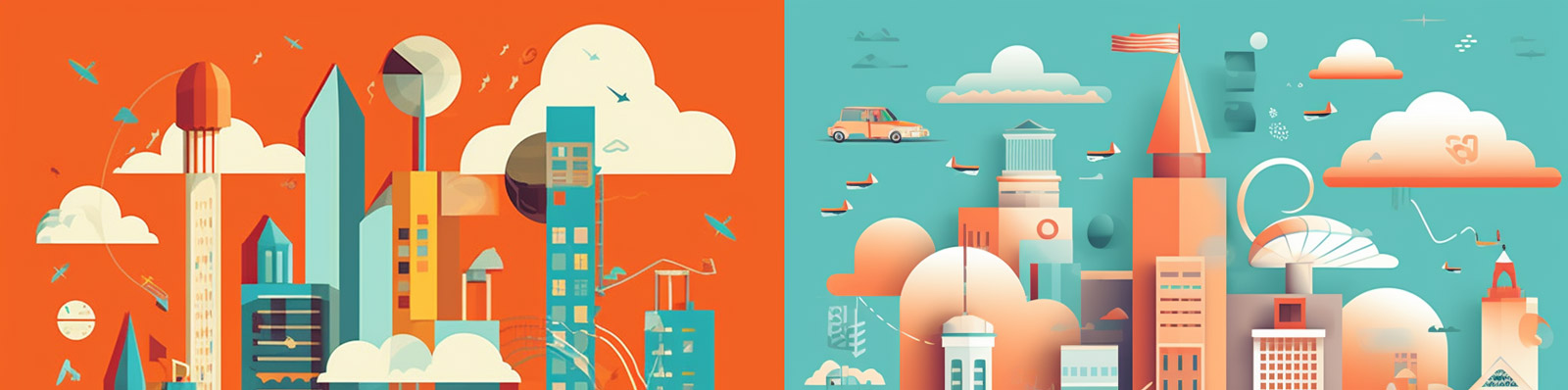 矢量扁平风手绘城市高楼建筑Midjourney关键词