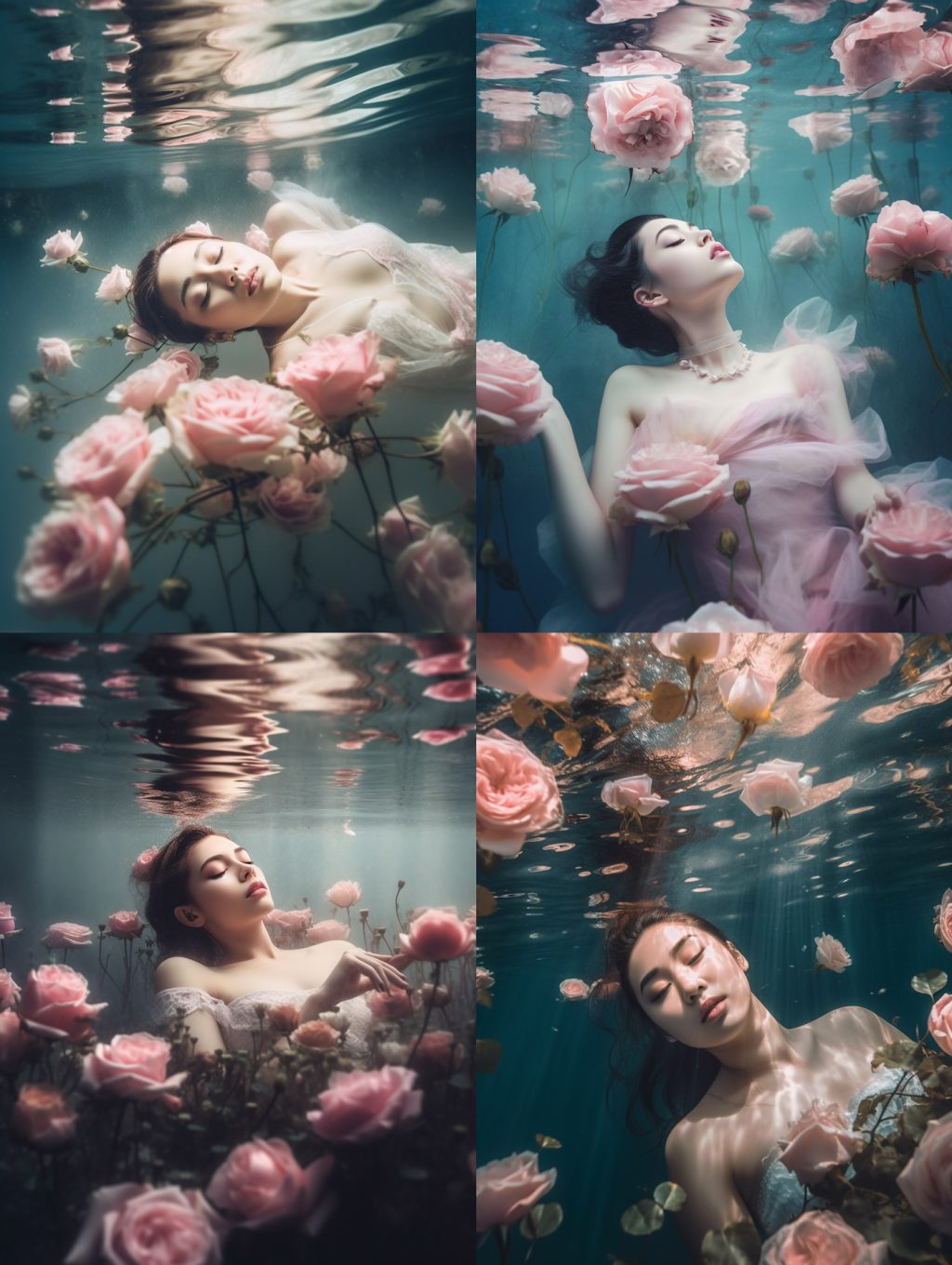 水中摄影鲜花玫瑰美女艺术浪漫写真midjourney关键词