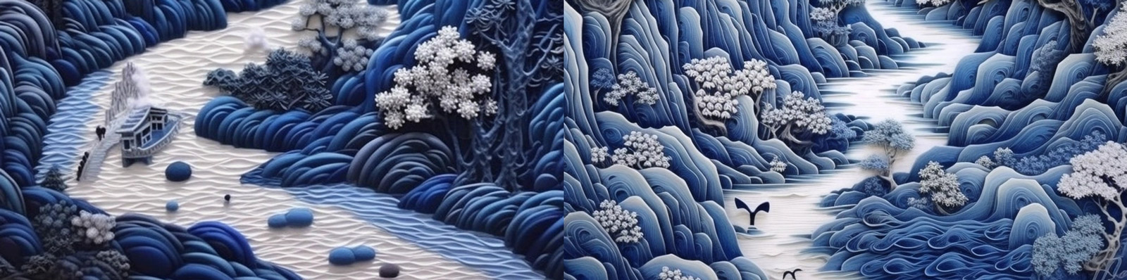 中国传统蓝色山水画Midjourney咒语