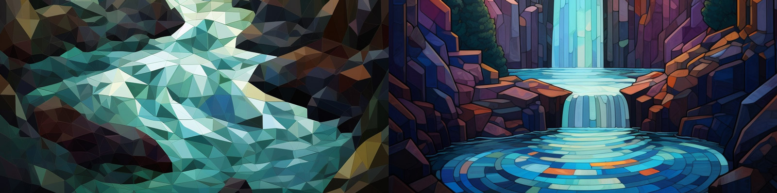 彩色玻璃瀑布景观Midjourney咒语