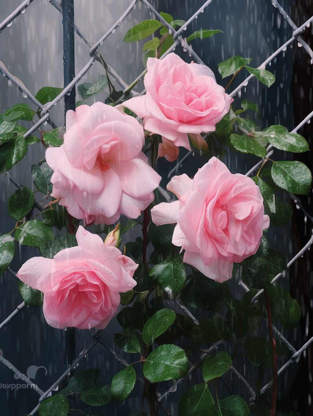 雨中绽放的粉色玫瑰花Midjourney咒语 - Ai宇宙吧--Ai宇宙吧-
