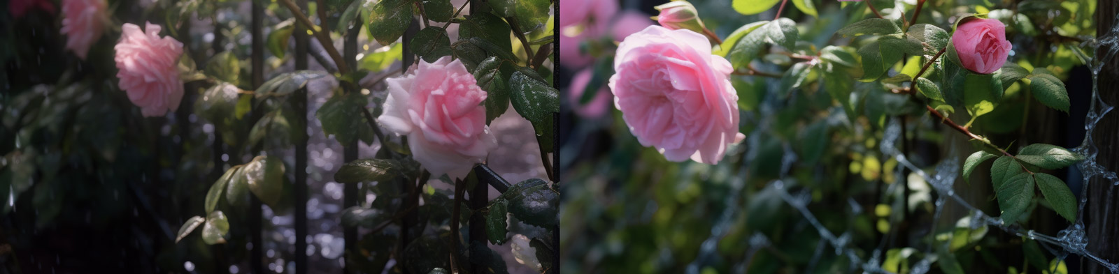 雨中绽放的粉色玫瑰花Midjourney咒语