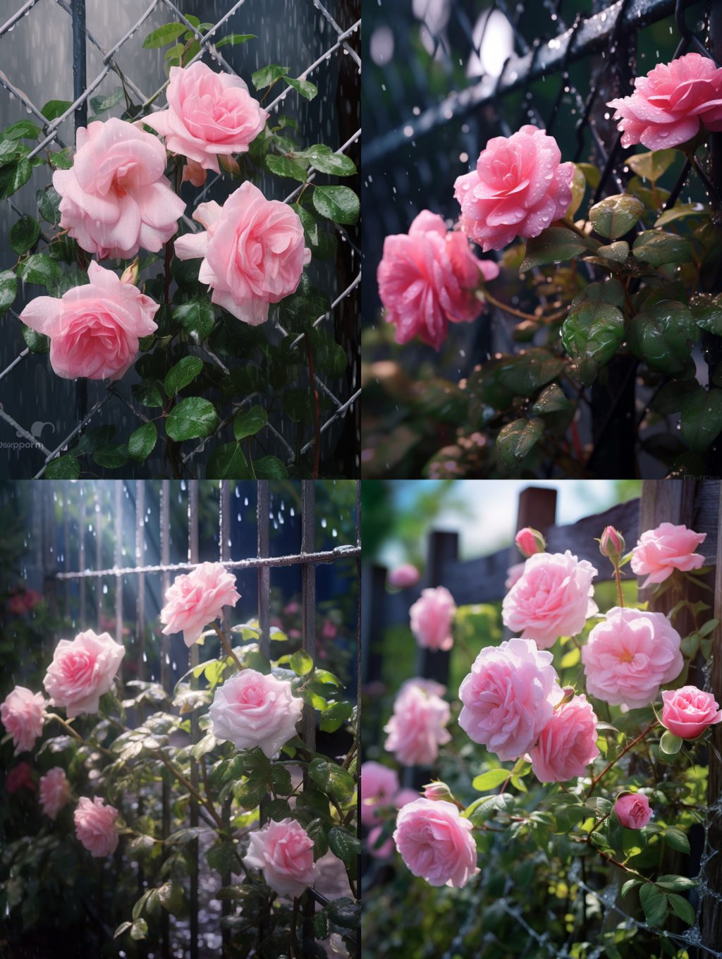 雨中绽放的粉色玫瑰花Midjourney咒语