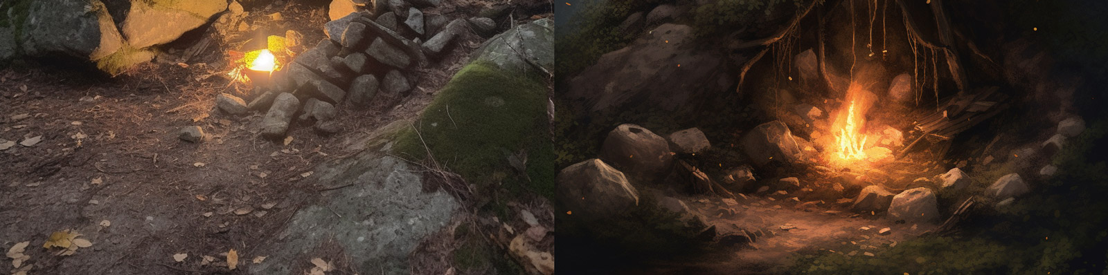 森林中的洞穴火堆Midjourney咒语