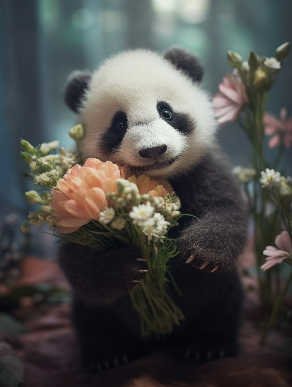可爱熊猫鲜花摄影Midjourney咒语 - Ai宇宙吧--Ai宇宙吧-