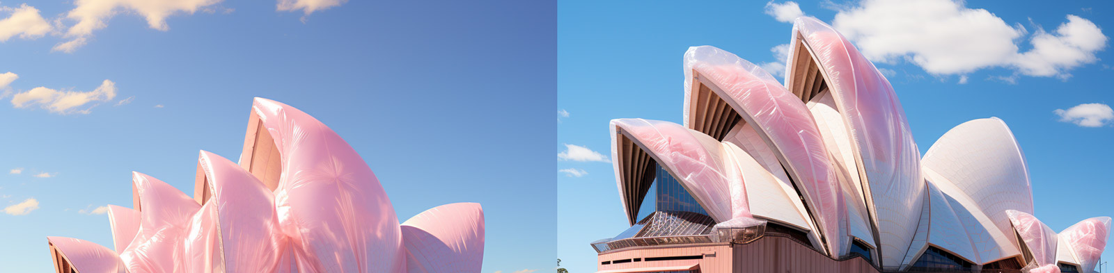 芭比粉色梦幻悉尼国家歌剧院透明塑料薄膜建筑Midjourney关键词咒语分享