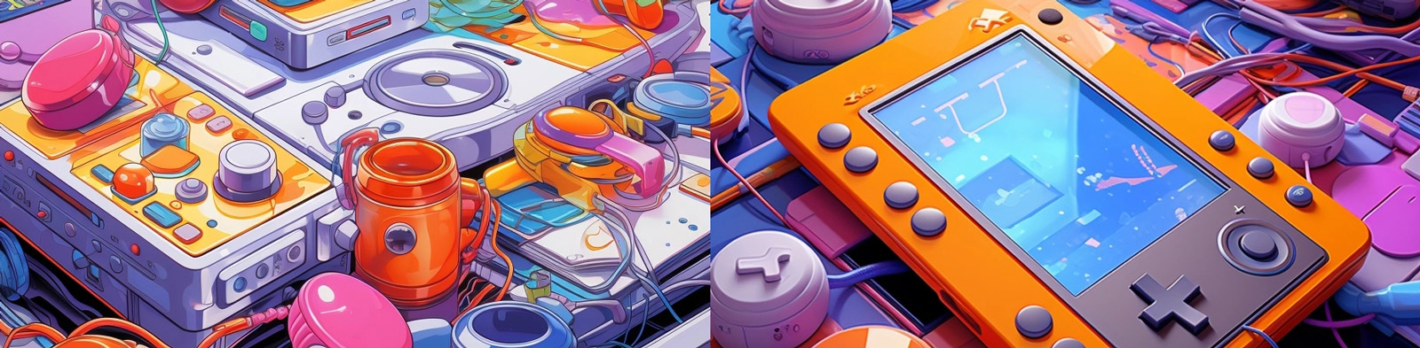 彩色电子游戏机装备桌面Midjourney关键词