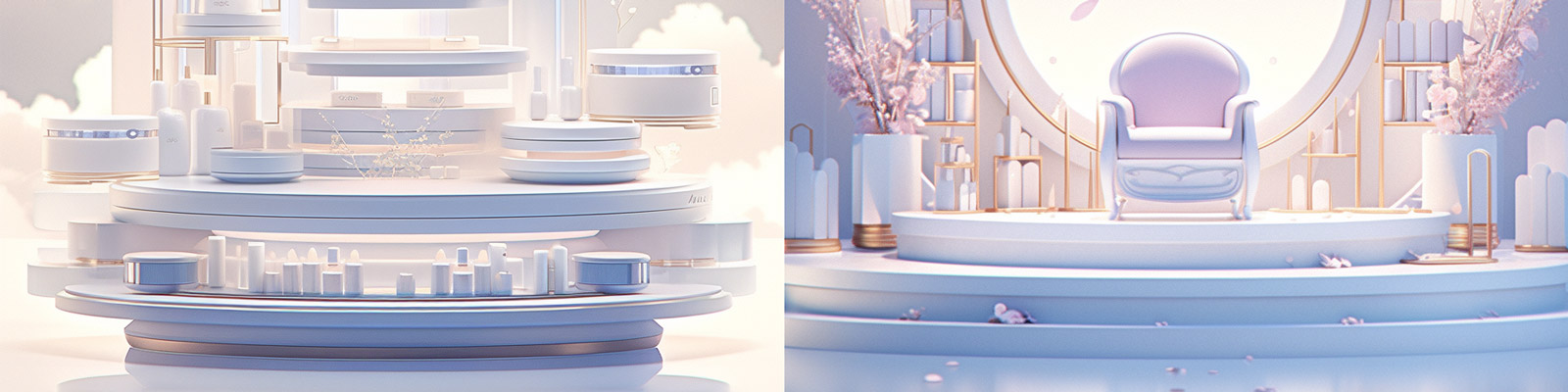 梦幻化妆品护肤品美妆展厅展台电商海报空间背景设计Midjourney咒语