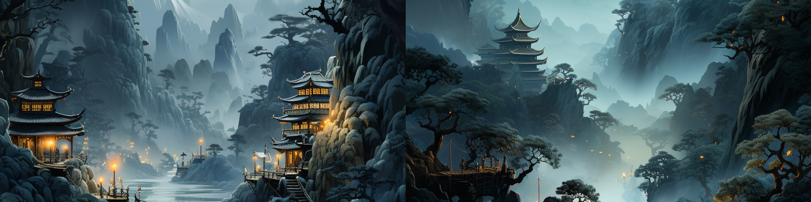 手绘中国风水墨画古风绿色山水自然世外桃源风景画Midjourney关键词咒语分享