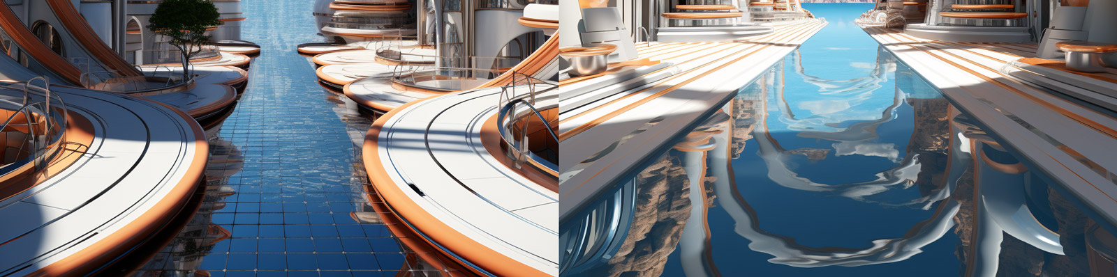 未来主义城市建筑海边舞台立体空间海报背景Midjourney关键词咒语分享