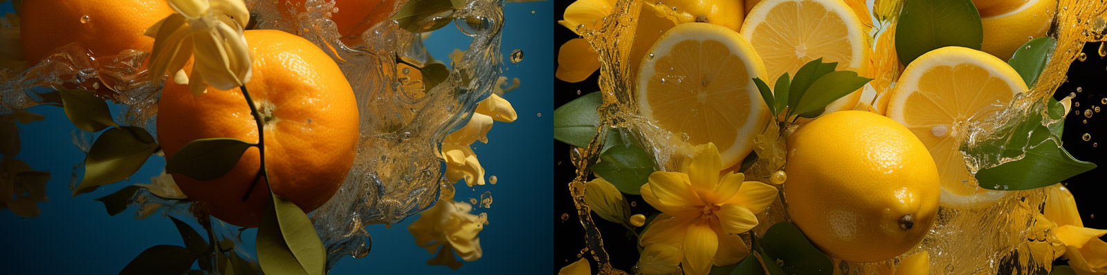 创意水花飞溅果汁饮料柠檬橙子橘子广告摄影海报Midjourney关键词咒语