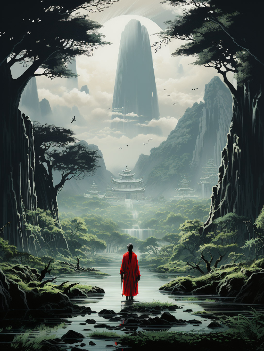 中国风传统动漫禅宗宁静自然山水风景Midjourney关键词咒语分享-Ai宇宙吧-