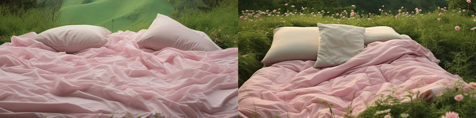 绿色天然树林户外山丘粉色家纺床品海报Midjourney关键词