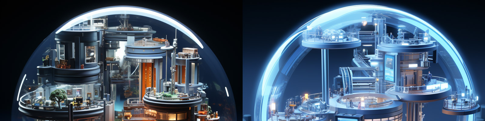 圆形蓝色科技建筑模型Midjourney关键词