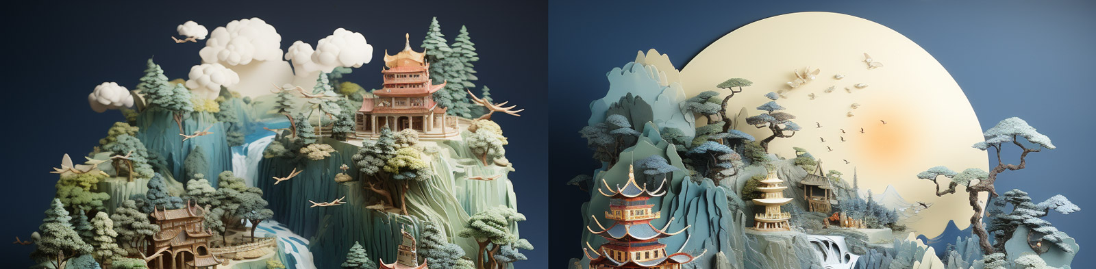 创意中国风山水阁楼庭院建筑立体书空间插图Midjourney关键词咒语