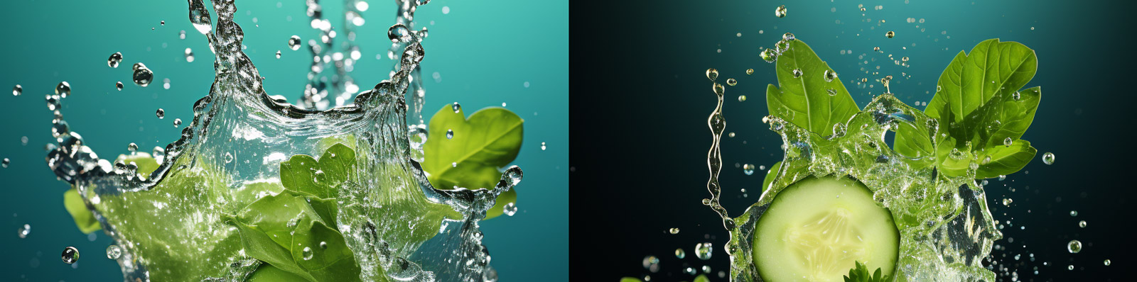 创意绿色黄瓜切片水花飞溅气泡水滴摄影海报Midjourney关键词咒语