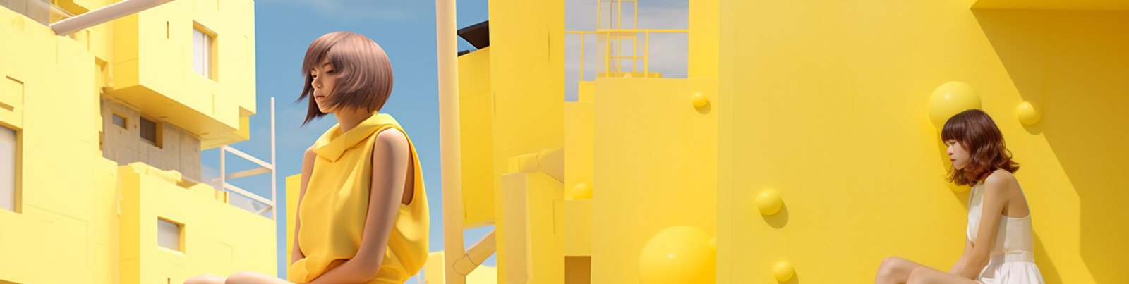 创意糖果色女孩黄色建筑海报场景摄影写真海报Midjourney关键词咒语