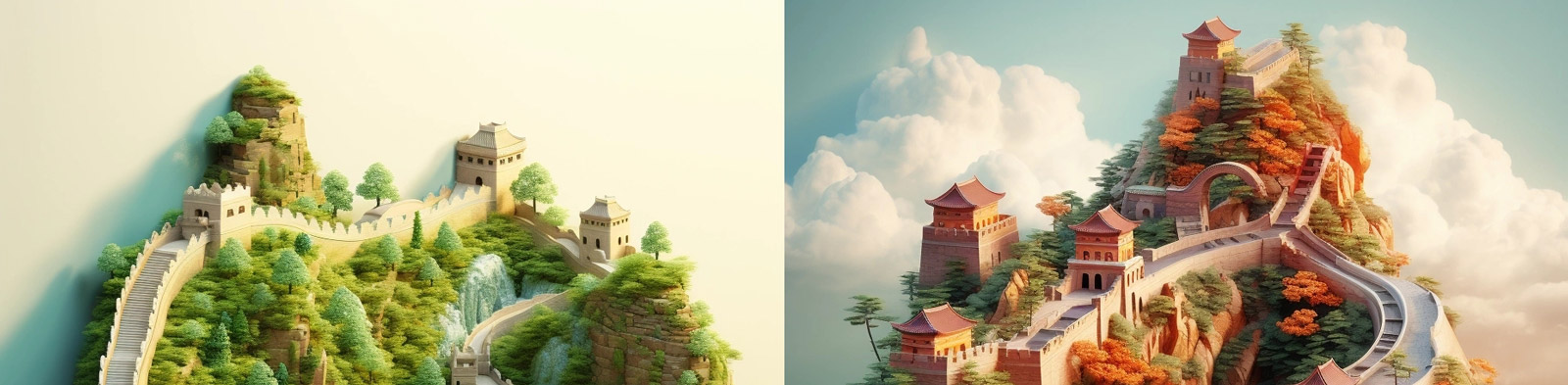 逼真中国长城等距艺术模型Midjourney咒语