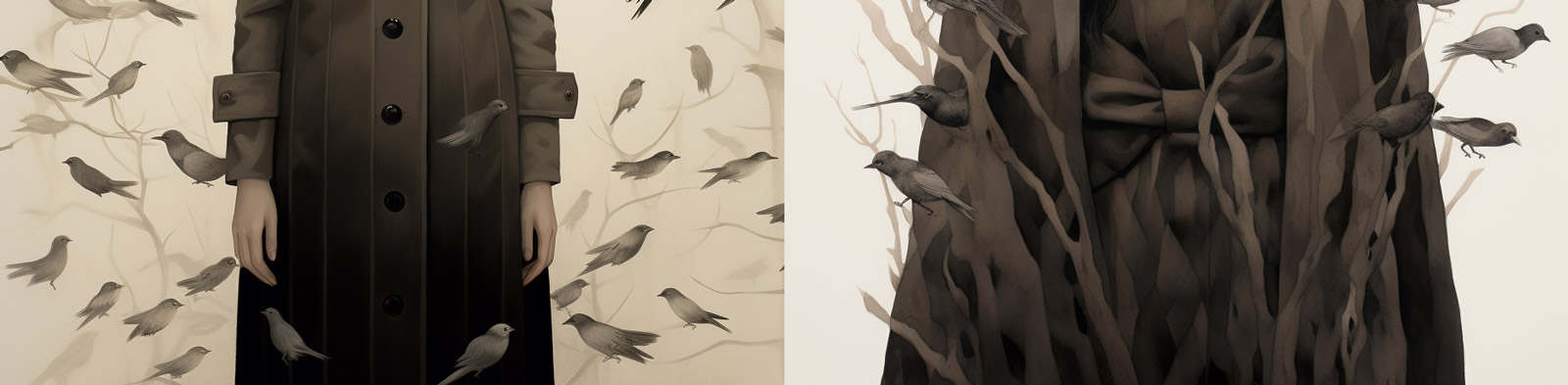 手绘艺术人物鸟类插图绘画Midjourney咒语