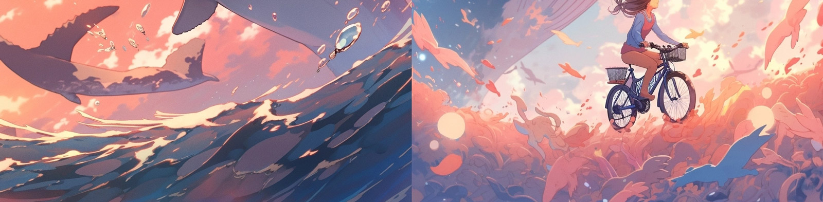 梦幻动画电影女孩鲸鱼自行车Midjourney咒语