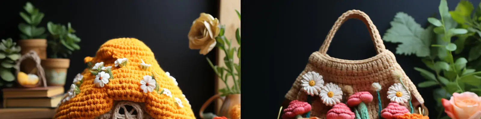 创意钩针毛线卡通蘑菇小屋鲜花植物图案斜挎包手提包Midjourney关键词咒语分享