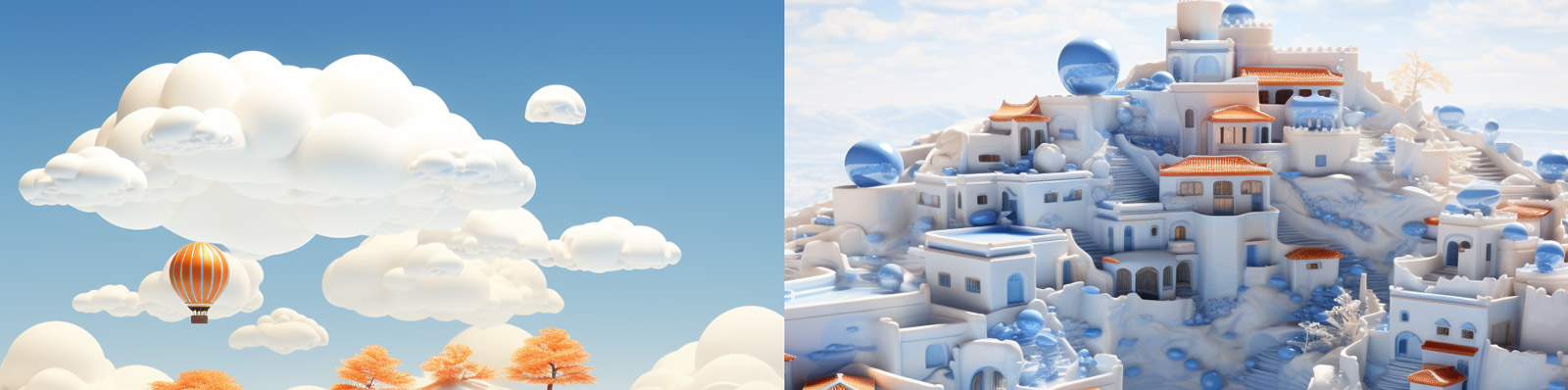 创意中国风青花瓷3D立体城市街道建筑梦幻场景Midjourney关键词咒语分享