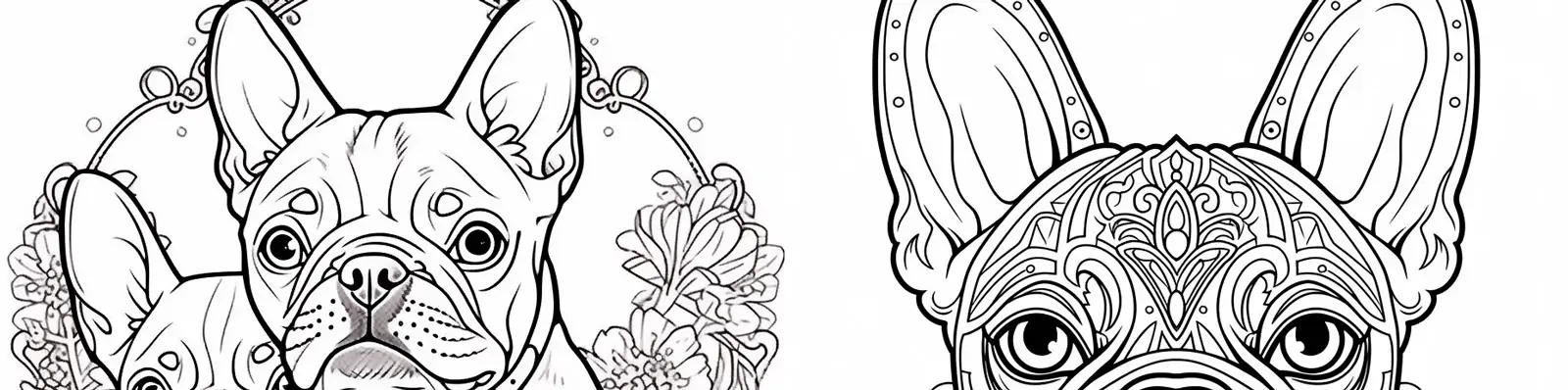 手绘黑白简笔画狗狗法国斗牛犬鲜花图案线稿插图Midjourney关键词咒语分享