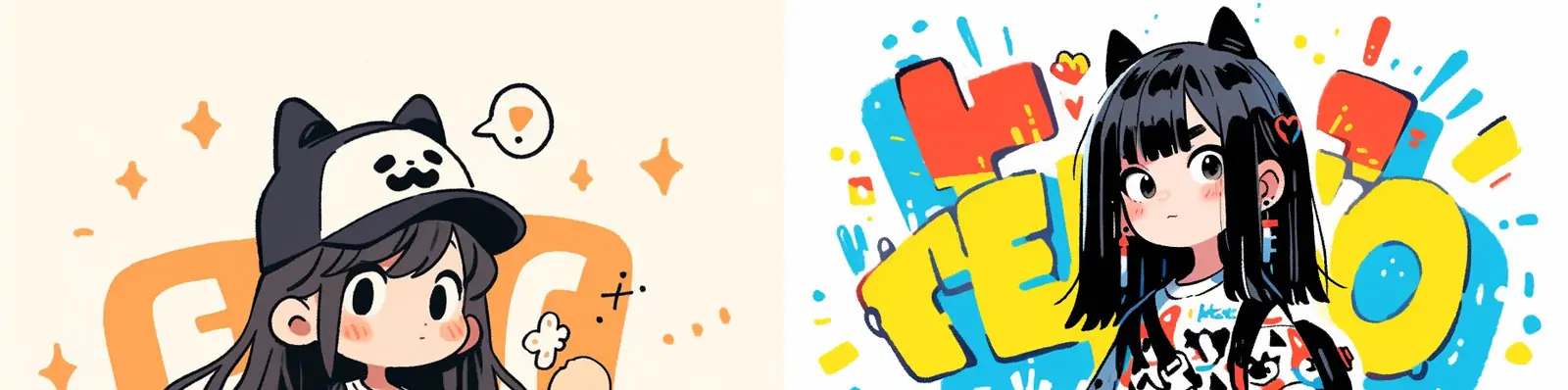 手绘动漫卡通可爱女孩猫咪涂鸦风格垃圾美学艺术图案插图海报Midjourney关键词咒语