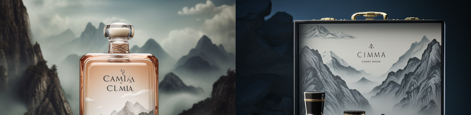 中国风传统山景酒类化妆品产品包装品牌展示广告海报背景Midjourney关键词咒语