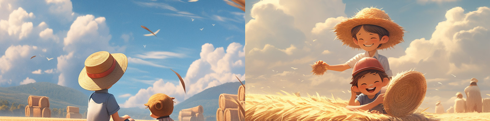 动漫卡通可爱小男孩戴草帽麦田稻草人场景插图Midjourney关键词咒语