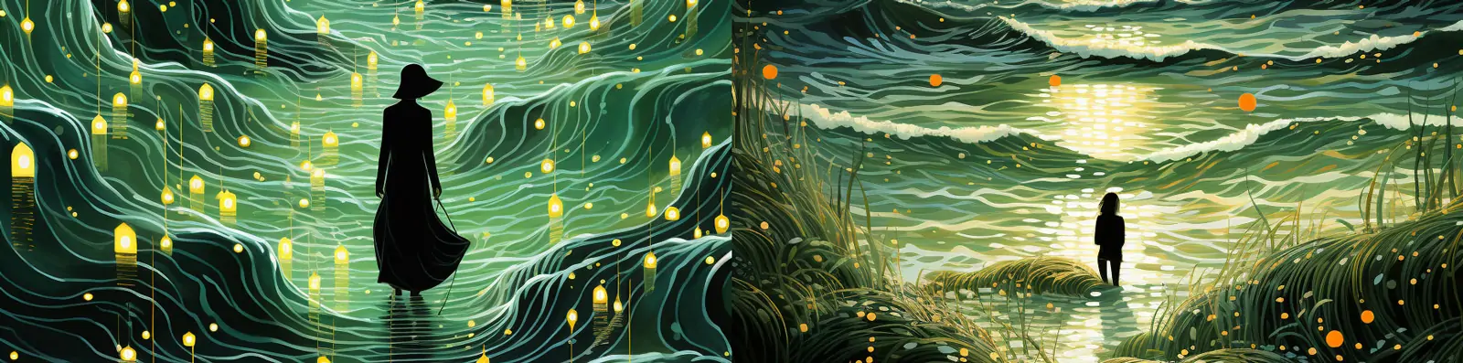 超现实主义抽象艺术金色潮汐大海荧光绿发光场景插图海报背景Midjourney关键词咒语