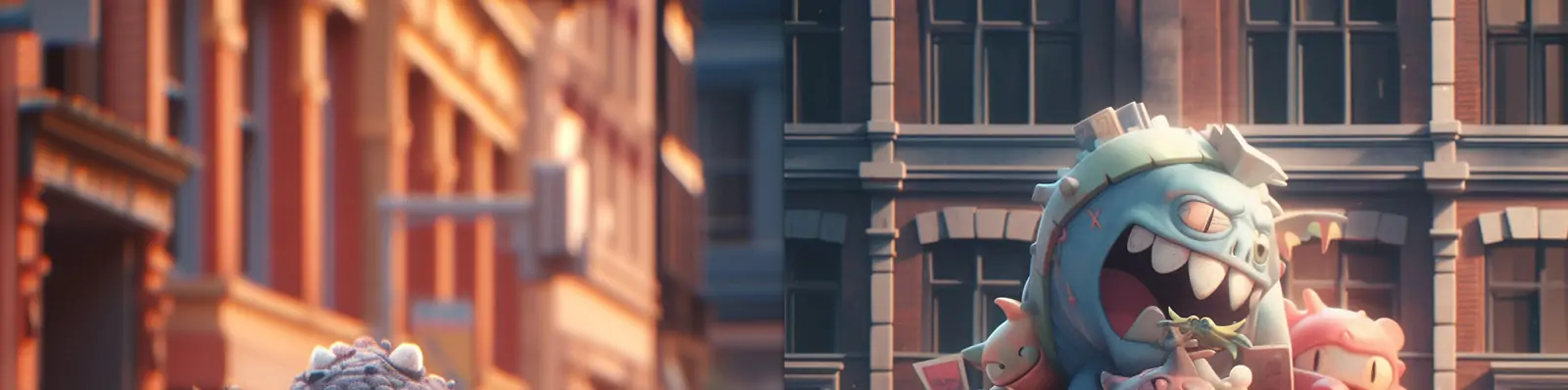 一群顽皮毛绒玩具怪物动作表情微笑牙齿动画场景插图Midjourney关键词咒语分享