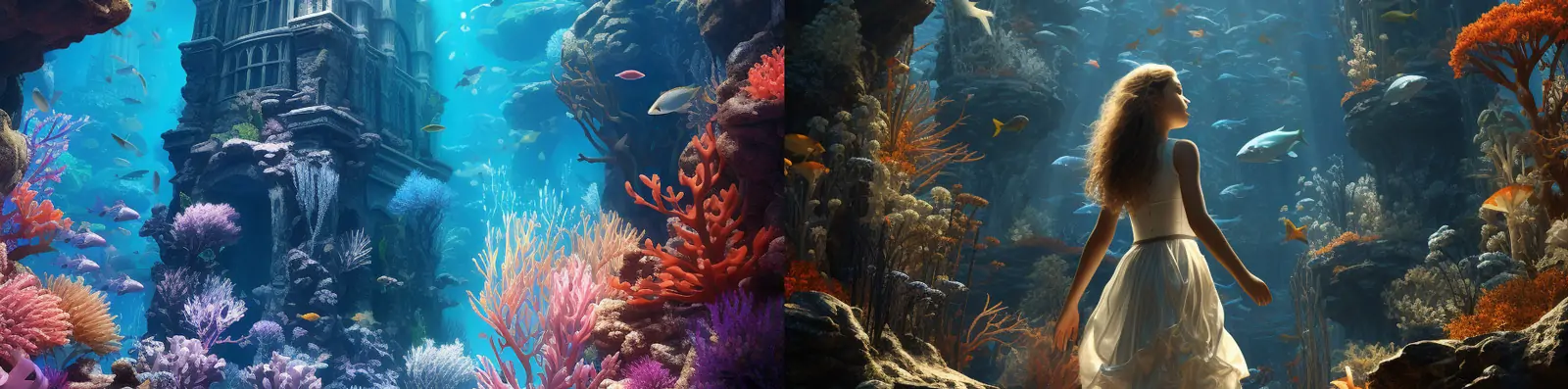 彩色水下海底世界宫殿城堡珊瑚植物幻想场景空间Midjourney关键词咒语分享