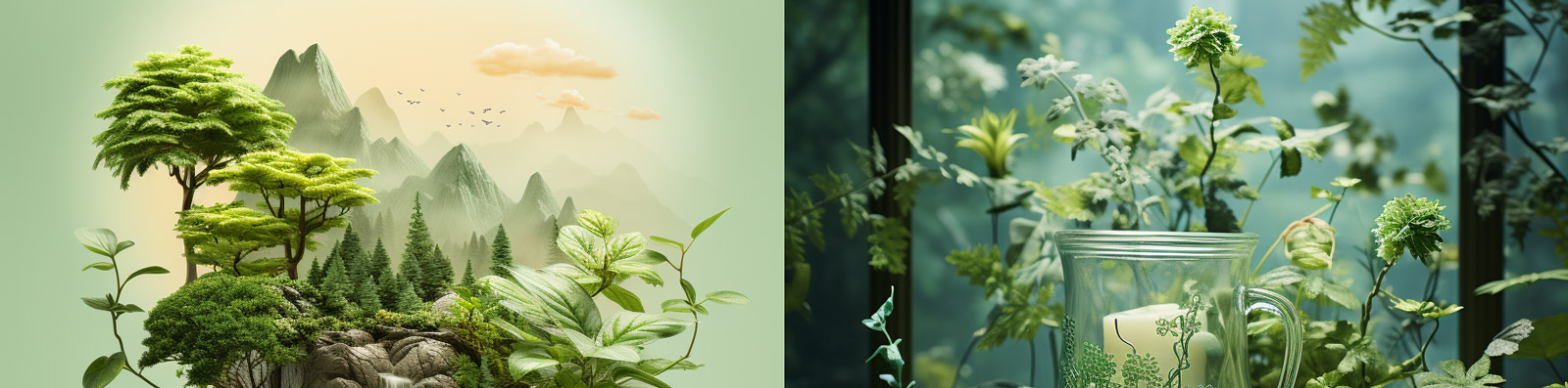 创意绿色自然植物山水风景下午茶咖啡广告摄影海报Midjourney关键词咒语