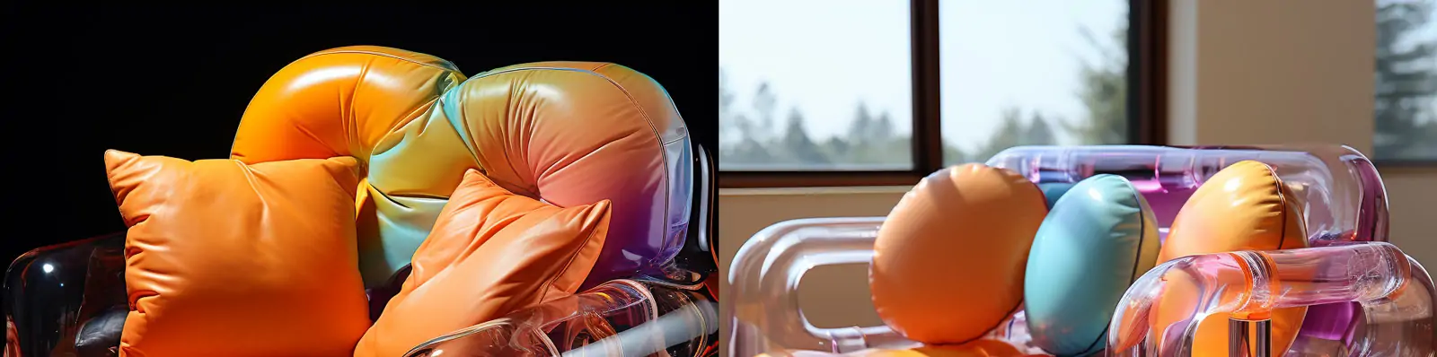 3D彩色渐变立体透明果冻质地充气沙发椅子产品摄影广告海报Midjourney关键词咒语分享