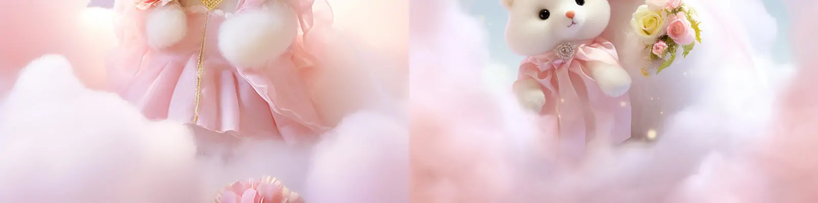 梦幻天空云朵白色可爱小熊毛绒玩具美丽幻想婚礼场景海报Midjourney关键词咒语