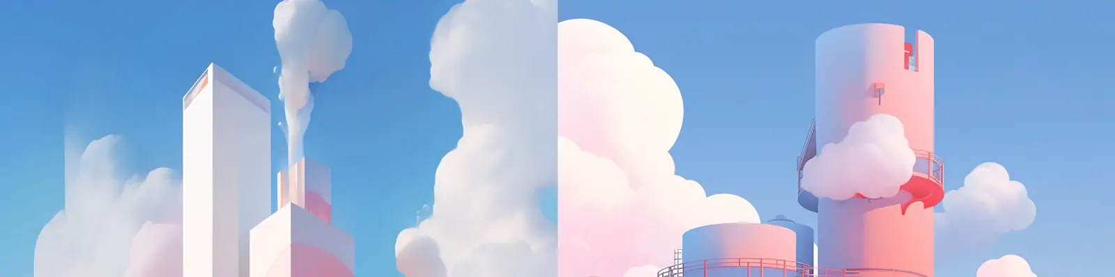 手绘彩色极简主义烟囱工厂烟雾动画场景建筑插图海报Midjourney关键词咒语