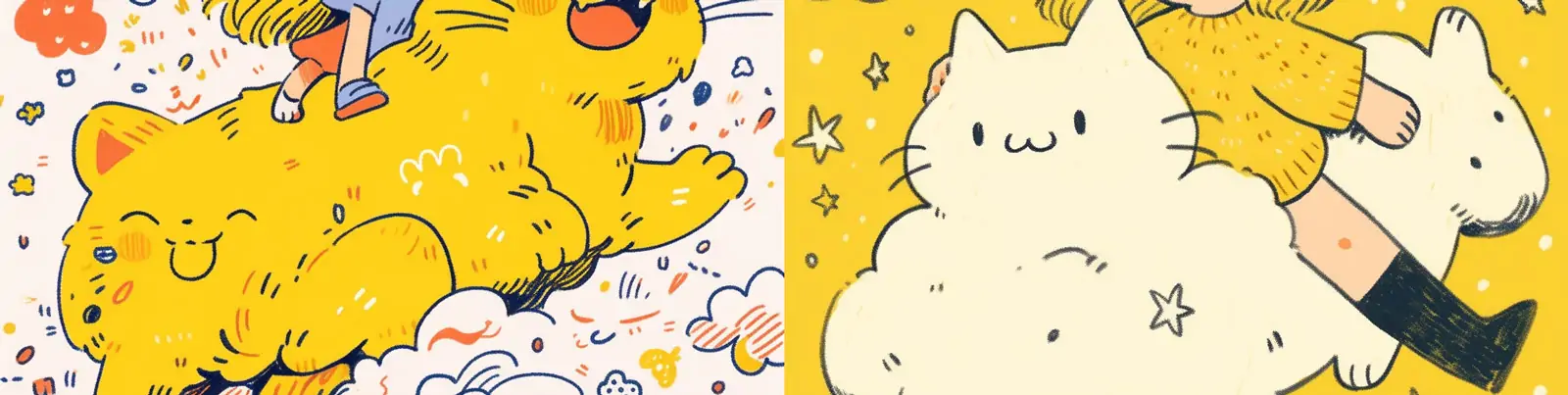 手绘趣味卡通黄色长毛猫可爱女孩梦幻星星天真顽皮艺术插图绘画Midjourney关键词咒语