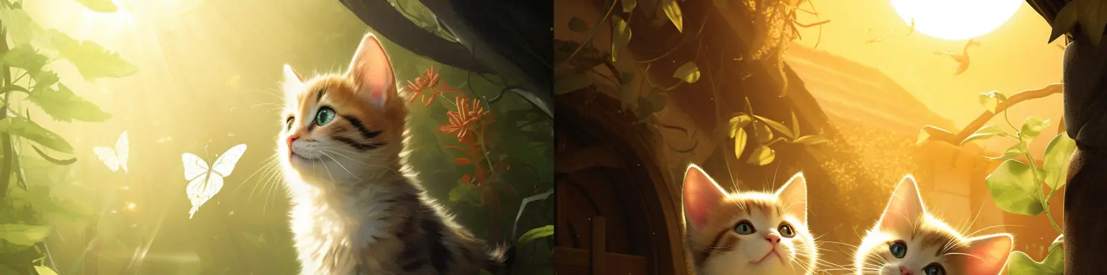 热带自然花园绿色植物可爱小猫玩耍特写艺术摄影写真海报Midjourney关键词咒语分享