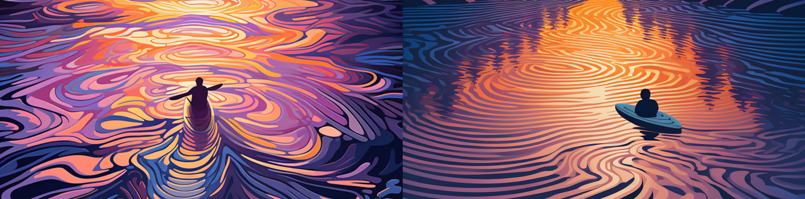 手绘极简主义抽象艺术人物湖面皮划艇水波纹涟漪Midjourney关键词咒语