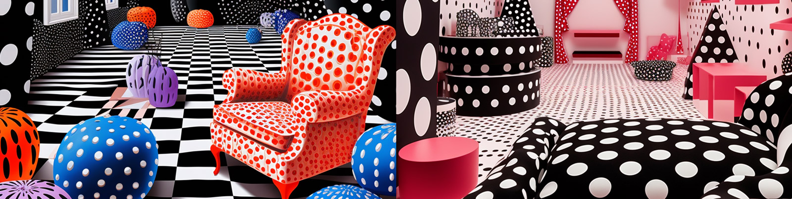 超现实主义草间弥生风格三维圆点图案沙发房间背景Midjourney关键词咒语分享