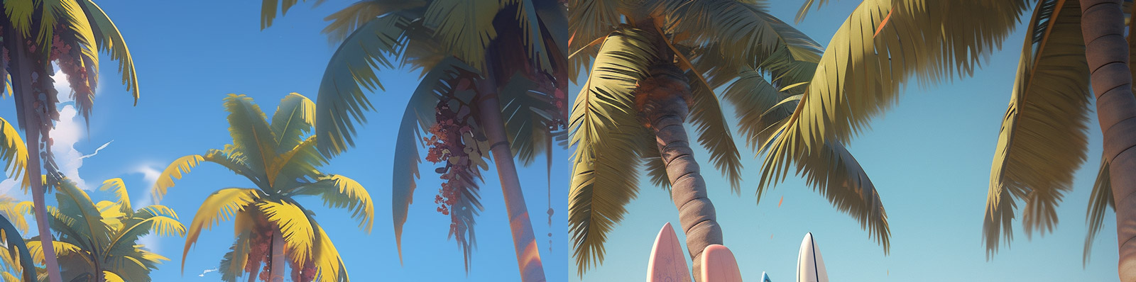 超现实主义蓝色大海沙滩躺椅冲浪板椰子树黏土Midjourney关键词咒语分享